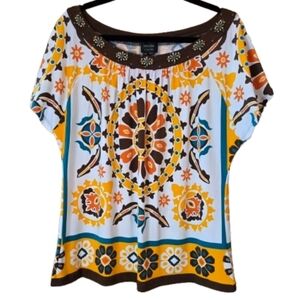 Nicole Miller Yellow and Brown Mediterranean Tile Print Peasant Blouse - Size XL